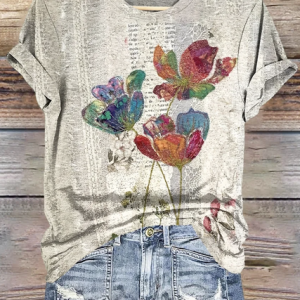 Casual Floral Crew Neck Short Sleeve T-shirt, T-shirts, color:Gray|size:4XL, catalog Noracora shop