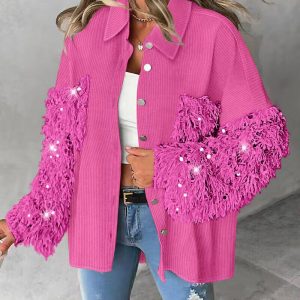 Contrast Sequin Turn-down Collar Long Sleeve Tassel Design Fuzzy Shacket with Pocket, women Jackets & Coats, ChicMe catalog