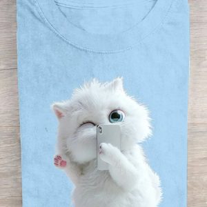 Crew Neck Casual Cat Loose T-Shirt, T-shirts, Lilicloth.com