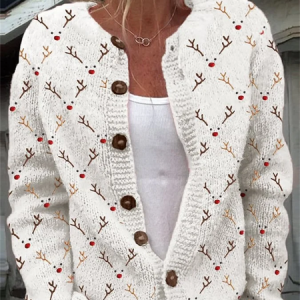 Women's Christmas Elk Plaid Print Knit Cardigan, Cardigans, Lilicloth.com