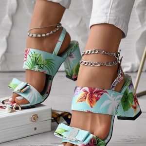 Tropical Print Bowknot Decor Chunky Heel Sandals, women Chunky, ChicMe catalog