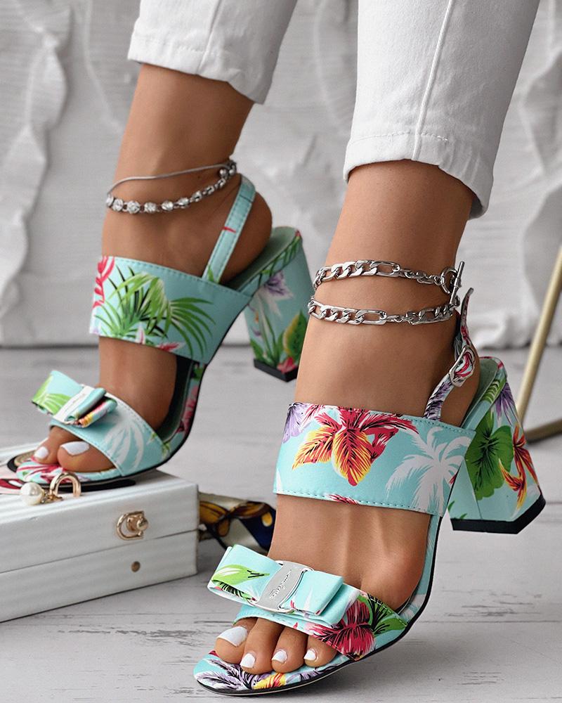 Tropical Print Bowknot Decor Chunky Heel Sandals, women Chunky, ChicMe catalog