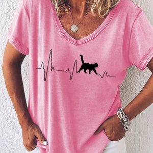 Women's Fashion Funny Cat Heartbeat Lifeline Print Casual T-Shirt, T-shirts, Lilicloth.com