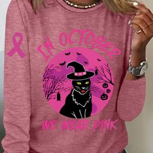 In October We Wear Pink Breast Cancer Halloween Cat Casual Long Sleeve Shirt, Long sleeves, Lilicloth.com