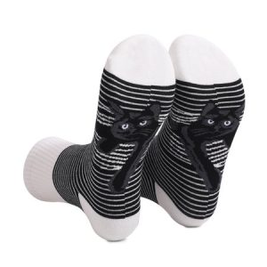 Black and white striped animal cat print mid tube socks, JustFashionNow Socks, color:White|size:One-size,
