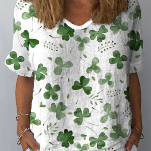 Women's Four-leaf Clover Short Sleeve Blouse_ Summer Crew Neck Daily Casual Top, JustFashionNow Shirts, color:White|size:XXL,