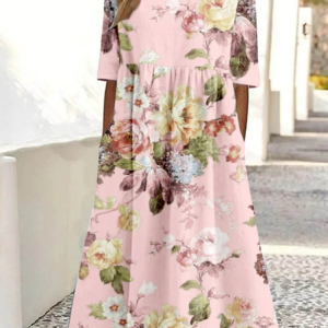 Women 3D Floral Printing Crew Neck Half Sleeve Comfy Vintage Maxi Dress, Dresses, color:Pink|size:4XL, catalog Noracora shop