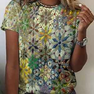 Vintage Floral Crew Neck Short Sleeve T-shirt, T-shirts, color:Green|size:XS, catalog Noracora shop