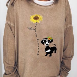 Sunflower Dog Print Round Neck Long Sleeve Sweatshirt, Hoodies&Sweatshirts, Lilicloth.com