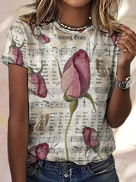 Women's Simple Loose Crew Neck Color Block Floral T-Shirt, T-shirts, Lilicloth.com