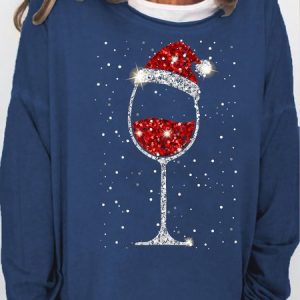 Women‘s Christmas Wine Print Crew Neck Casual Sweatshirt, Hoodies&Sweatshirts, Lilicloth.com