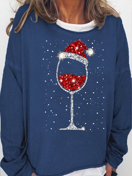 Women‘s Christmas Wine Print Crew Neck Casual Sweatshirt, Hoodies&Sweatshirts, Lilicloth.com