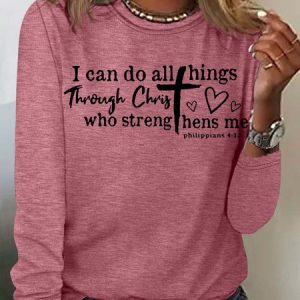 Women's I Can Do All Things Through Christ letter Print Jesus Casual Top, Long sleeves, Lilicloth.com