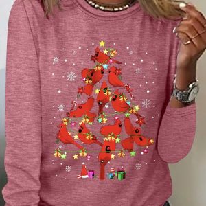 Cardinal Bird Christmas Casual Long Sleeve Shirt, Long sleeves, Lilicloth.com