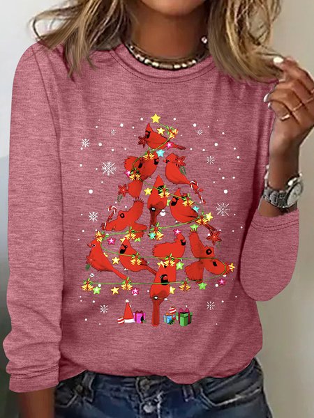 Cardinal Bird Christmas Casual Long Sleeve Shirt, Long sleeves, Lilicloth.com