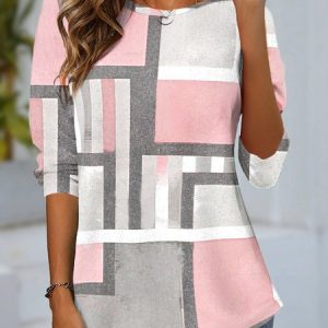 Women's Long Sleeve T-shirt Spring/Fall Pink Geometric Jersey Crew Neck Daily Going Out Casual Top, Long sleeves, Lilicloth.com