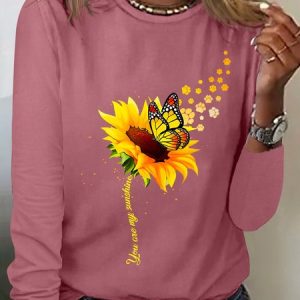Women's Butterfly Paw Print Blooms Sunflower You Are My Sunshine Cotton-Blend Simple Long Sleeve Top, Long sleeves, Lilicloth.com