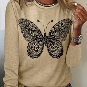 Women's Butterfly Print Casual Top, Long sleeves, Lilicloth.com