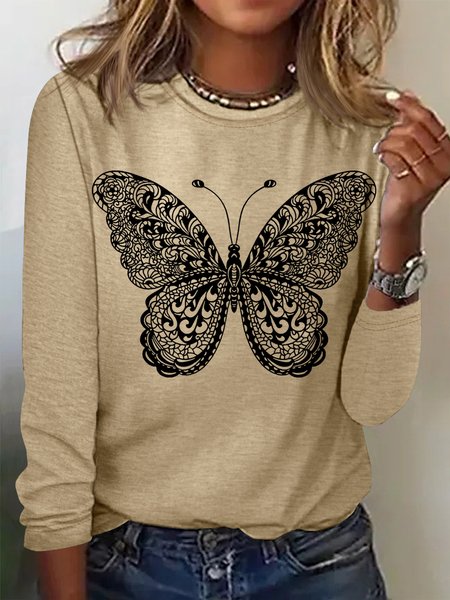 Women's Butterfly Print Casual Top, Long sleeves, Lilicloth.com