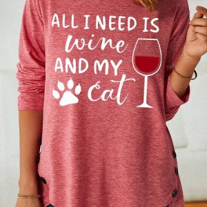 Women's All I Need Is Wine And My Cat Letters Casual Cotton-Blend T-Shirt, T-shirts, Lilicloth.com