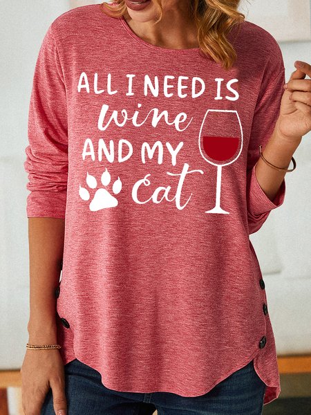 Women's All I Need Is Wine And My Cat Letters Casual Cotton-Blend T-Shirt, T-shirts, Lilicloth.com