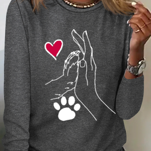 Funny Dog Heart Cotton-Blend Simple Crew Neck Long Sleeve Shirt, Long sleeves, Lilicloth.com