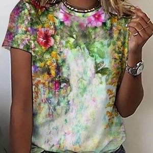 Women's Art Print Floral Casual Crew Neck Loose T-Shirt, T-shirts, Lilicloth.com
