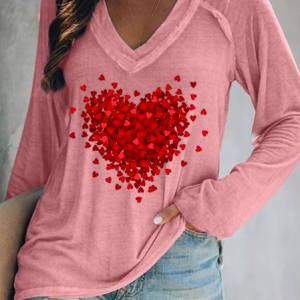 Women‘s Heart  Simple Cotton Casual Text Letters V Neck T-Shirt, Long sleeves, Lilicloth.com