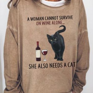 Women's Funny A Women Need A Cat Black Cat Graphic Casual Sweatshirt, Hoodies&Sweatshirts, Lilicloth.com