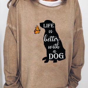 Dog and Butterfly Print Crew Neck Long Sleeve Sweatshirt, Hoodies&Sweatshirts, Lilicloth.com