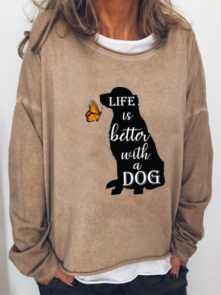 Dog and Butterfly Print Crew Neck Long Sleeve Sweatshirt, Hoodies&Sweatshirts, Lilicloth.com