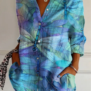 Contrasting Dragonfly Long-Sleeved Comfortable Shirt, Blouses, Lilicloth.com