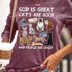Womens God Is Great Cat Is Good People Are Crazy Letters Casual Sweatshirt, Hoodies&Sweatshirts, Lilicloth.com