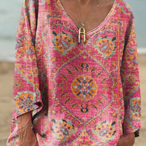 Women's Vintage Totem Print Casual V-neck Long Sleeve Comfortable Cotton T-shirt, Long sleeves, Lilicloth.com