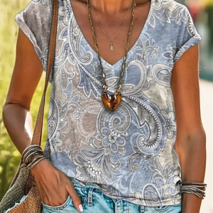 Cotton-Blend Ethnic Geometry Casual T-Shirt, T-shirts, Lilicloth.com