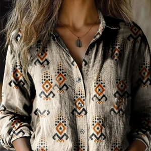 Women's Vintage Aztec Art Print Casual Long Sleeve Comfortable Cotton Shirt, Blouses, Lilicloth.com