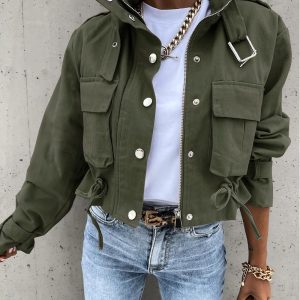 High Neck Zip Up Snap Button Front Flap Pockets Design Cargo Biker Jacket Casual Drawstring Crop Coat, women Jackets & Coats, ChicMe catalog