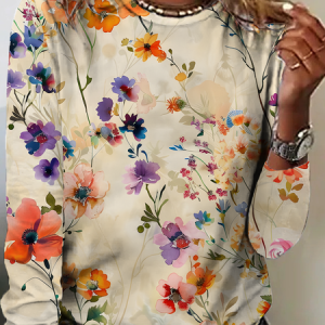Women's Vintage Art Floral Print Crew Neck T-Shirt, Long sleeves, Lilicloth.com