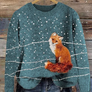 Women's Cute Fox Print Crewneck Knit Sweater, Sweaters, Lilicloth.com