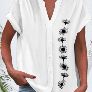 Women's Short Sleeve Shirt Summer White Floral Printing V Neck Daily Going Out Casual Top, Blouses, Lilicloth.com
