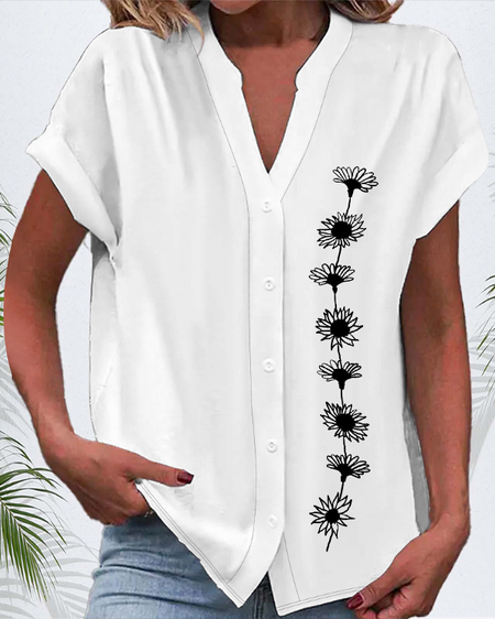 Women's Short Sleeve Shirt Summer White Floral Printing V Neck Daily Going Out Casual Top, Blouses, Lilicloth.com