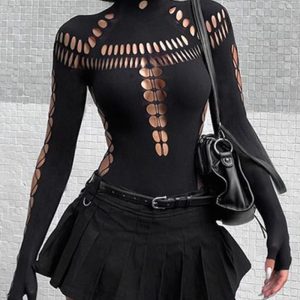 High Neck Long Sleeve Hollow-out Bodysuit Sexy Cut Out Slim Fit Bodysuit Top, women Lingerie, ChicMe catalog