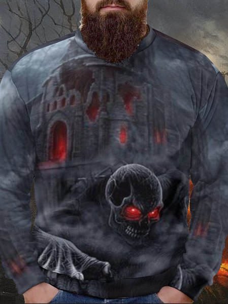 Men's Skull Printing Crew Neck Halloween Casual Sweatshirt, Hoodies&Sweatshirts, Lilicloth.com