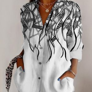 Shirt Collar Long Sleeve Geometric Regular Micro-Elasticity Regular Fit Shirt For Women, Shirts, color:White|size:5XL, catalog Noracora shop