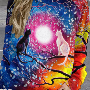 Womens Black White Cat Art Print Crew Neck Animal Sweatshirts, Hoodies&Sweatshirts, Lilicloth.com