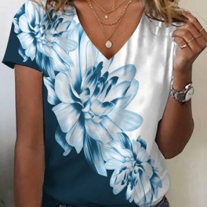 Floral Print Short Sleeve V-Neck T-shirt, T-shirts, Lilicloth.com