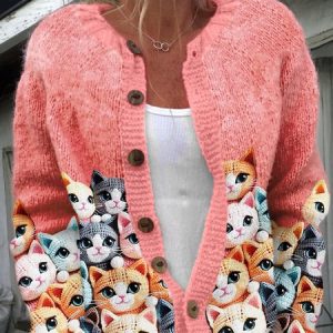 Vintage Cat Art Button Knitted Sweater, Cardigans, Lilicloth.com