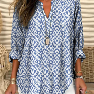 Women Abstract Graphic Long Sleeve Shirt Spring/Fall V Neck Daily Casual Top, JustFashionNow Blouses, color:Blue|size:5XL,
