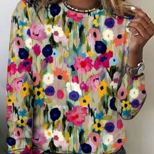 Vintage Plaid Crew Neck Long Sleeve T-shirt, T-shirts, color:Multicolor|size:5XL, catalog Noracora shop