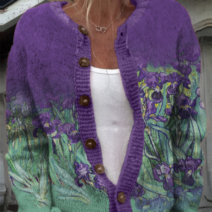 Crew Neck Maple Leaf Knitted Casual Sweater, Cardigans, Lilicloth.com